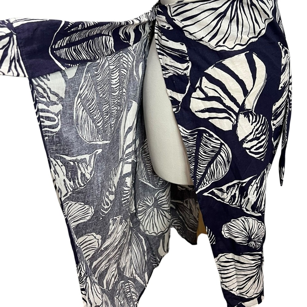 Nicole Miller Wrap Skirt XS Blue White Linen Blend Seashell Coconut Girl Resort - Picture 3 of 15